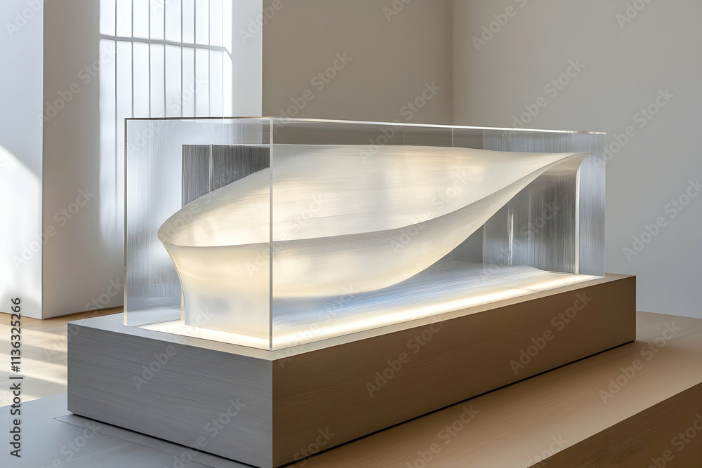 Poster modern sculpture displayed in a minimalist gallery setting, showcasing its translucent form and eleg