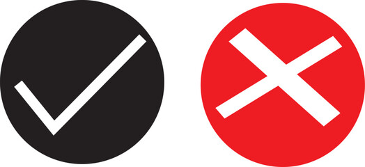 check mark and red cross icon.Set of simple icons in flat style: Yes-No, Approved-Disapproved, Accepted-Rejected, Right-Wrong, Correct-False, Green-Red, Ok-Not Ok. Vector illustration.