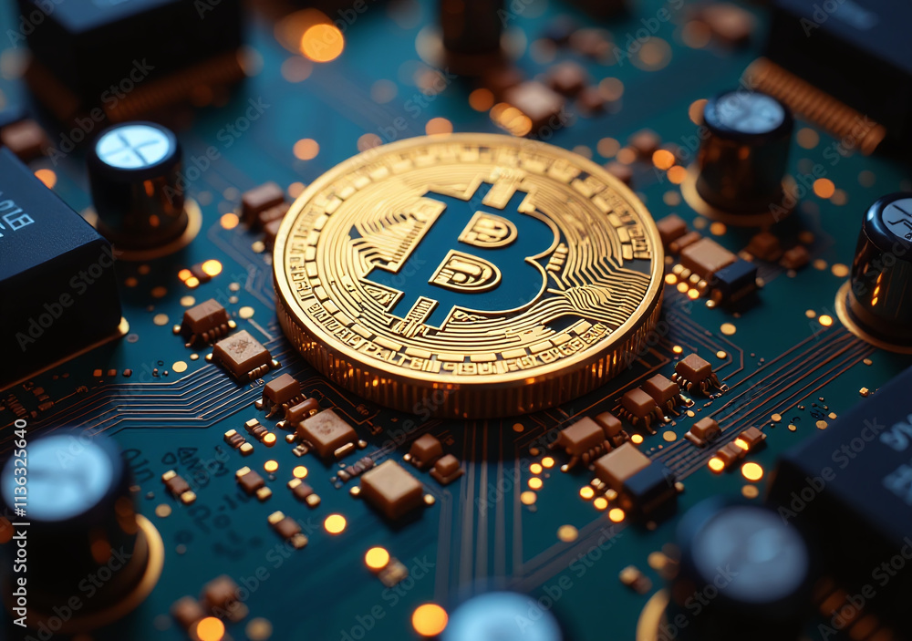 Poster mining gold computer circuit board displays bitcoin mining concept clearly online
