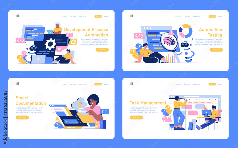 Poster development process automation. flat vector illustration