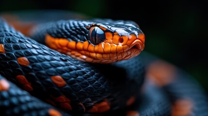 Fototapeta premium A striking close-up of a black and orange viper snake highlighting the intricate scale pattern, representing the wild beauty and danger of nature.