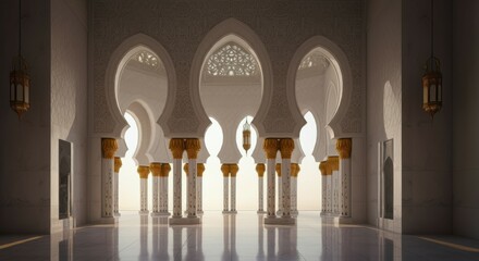 Islamic architecture, white marble arches, intricate geometric patterns, ornate columns, golden lantern, symmetrical design, ethereal light, Moorish style, grand interior, serene atmosphere, high ceil