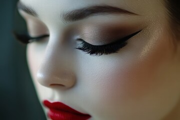 Close-up of elegant haute couture makeup and sophisticated hairstyle showcasing beauty artistry