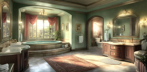 Fototapeta premium A luxurious bathroom featuring a spa tub, elegant decor, and natural light.