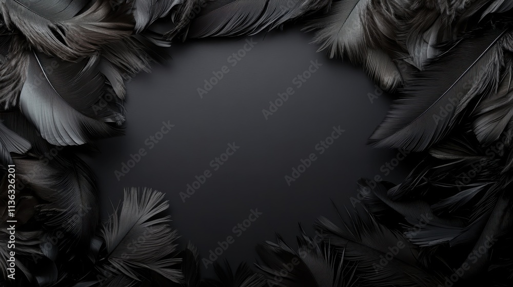 Poster a collection of dark-toned feathers arranged to create a stylish central void, capturing the essence