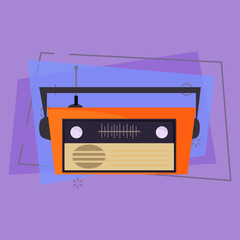 Vintage radio receiver. Orange set with wave, handle and antenna. Radio concept. Vector illustration can be used for topics like broadcasting, fm channel, frequency