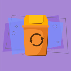 Yellow trashcan with lid. Container for garbage with recycling sign. Vector illustration can be used for topics like rubbish, litter, dustbin
