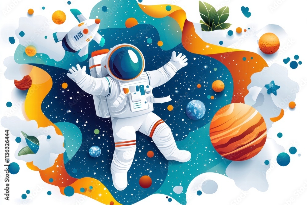 Poster astronaut floating in space with rocket