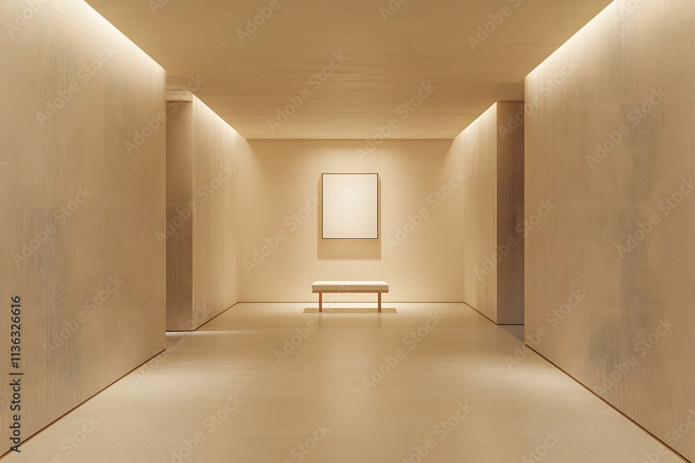 Poster a minimalist gallery space with soft lighting and a central bench for viewing art.