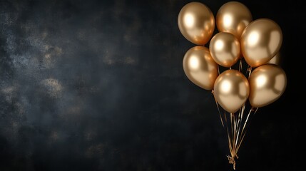 A collection of shiny golden balloons float against a dark, textured background, creating a striking contrast and capturing a sense of celebration and luxury.