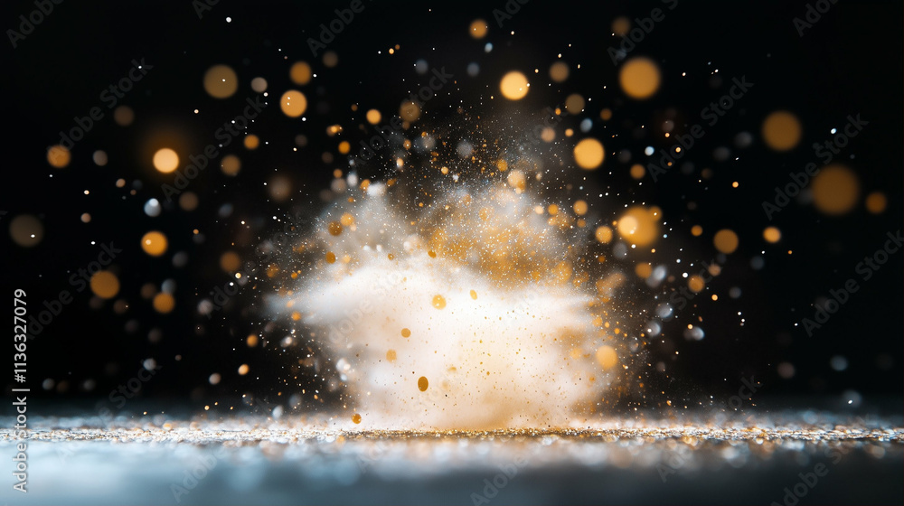 Poster dust explosion creating cloud of particles and debris in dynamic display
