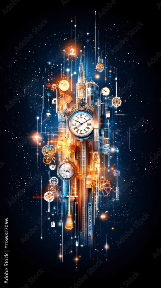Poster celestial clock tower a symphony of time and space.