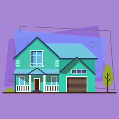 Green house with garage vector illustration. Home, countryside, country mansion. Suburban houses concept. Vector illustration can be used for topics like architecture, construction, building