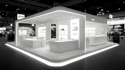 Modern white exhibition booth with LED lighting.