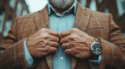 A stylish man adjusting his suit jacket in an urban setting, exuding confidence, professionalism, and a touch of modern sophistication amidst the bustling city backdrop.