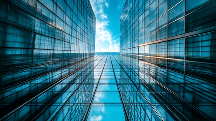 Obraz premium Reflections of a blue sky between modern glass buildings in urban cityscape