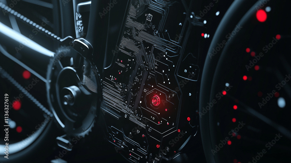 Poster intricate circuit board design illuminated with red lights in a futuristic environment