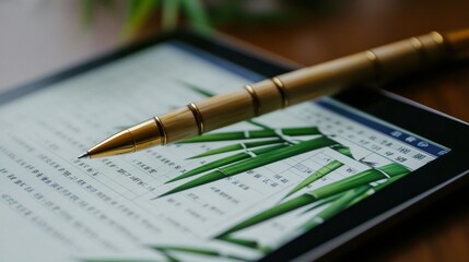Close-up of a spreadsheet on a tablet screen featuring Shanghai Composite Index data, a pen with a bamboo motif lying next to it