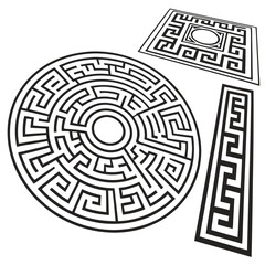 Maze-like labyrinth patterns in black, creating a bold contrast