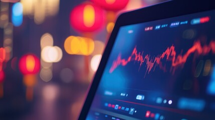 Close-up of a tablet screen showing Asian stock market indices, a stylized red lantern icon visible in the trading apps interface