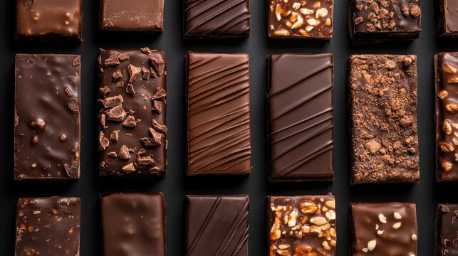 An array of chocolate bars features a close-up on various textures and nutty toppings, capturing the intricacies of sweetness and crunchy additives for chocolate lovers.