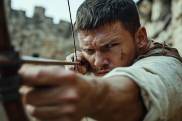 A young archer springs into action, aiming his bow with fierce concentration amid ancient stone structures.