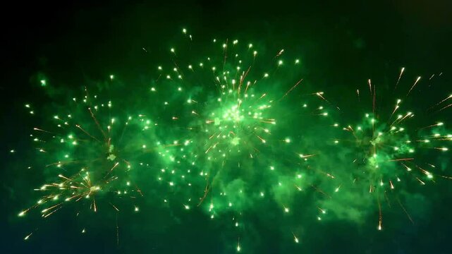 4k footage of beautiful sparkling fireworks show and play at night sky. Fireworks are often done to celebrate new year, christmas, theme park, or special events. Happy New Year.