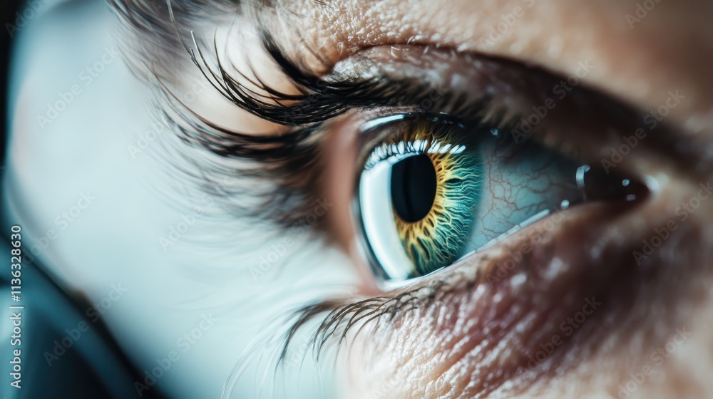 Poster a detailed view of an eye with unique patterns and abstract reflections, focusing on the iris and co
