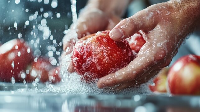 This image captures a close-up of hands thoroughly washing fresh apples under a clear water stream, emphasizing cleanliness and freshness of the produce.