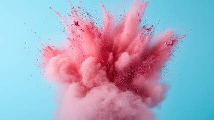 A dramatic burst of pink powder creates vivid clouds, frozen in motion against a bright blue sky, embodying passion, spontaneity, and joyful expression.