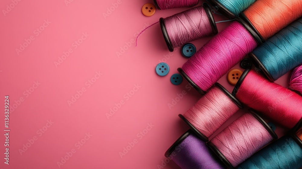 Poster colorful thread spools and vibrant buttons placed on a pink surface, capturing an array of textures 