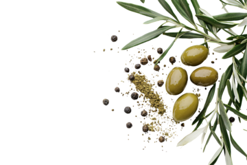 A spoonful of black olives and a bowl of green powder. on transparent background.