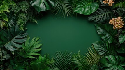 Vibrant leaves and tropical plants framing an empty green space, representing the tranquil beauty and abundance of nature, ideal for design backgrounds.