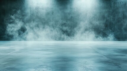 A serene abstract blue room with light fog effects under soft illumination, ideal for tranquil backgrounds or exploring atmospheric visual concepts over emptiness.