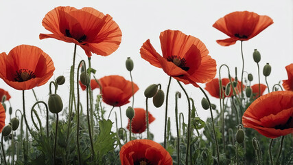 Fototapeta premium Vibrant red poppies bloom in a lush green field under a cloudy sky, showcasing nature's beauty during spring or early summer