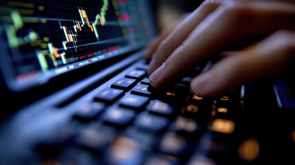 Close-up of fingers typing on a laptop keyboard, US stock market charts reflecting on the screen, symbolizing American commerce