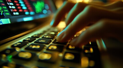 Close-up of fingers typing on a laptop keyboard, US stock market charts reflecting on the screen, symbolizing American commerce