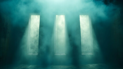 Mysterious teal room with three light beams piercing through smoky air.