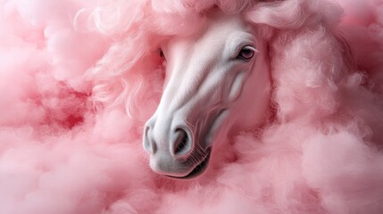 A serene white horse surrounded by fluffy pink clouds, evoking feelings of peace and dreaminess. The surreal scene beautifully blends calmness and fantasy.