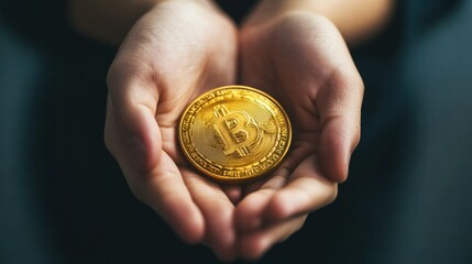 Fototapeta premium Close-up of hands holding a gold coin with Asian characters, symbolizing investment and prosperity in business deals