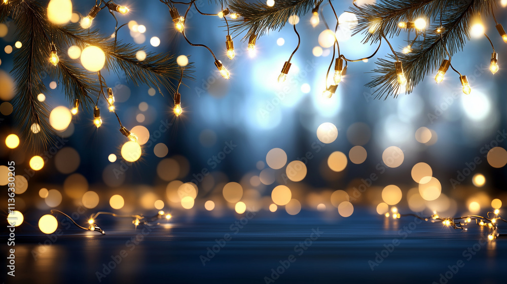 Poster string lights shining on branches creating a magical atmosphere with bokeh background for festive ce