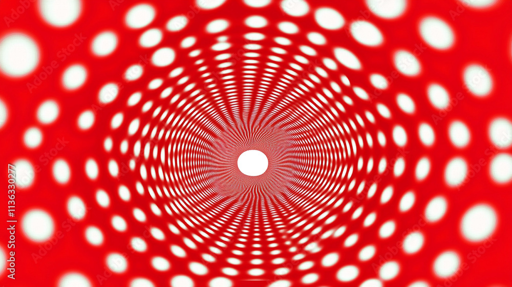 Poster swirling pattern of red and white circles creates a tunnel illusion in a vibrant design