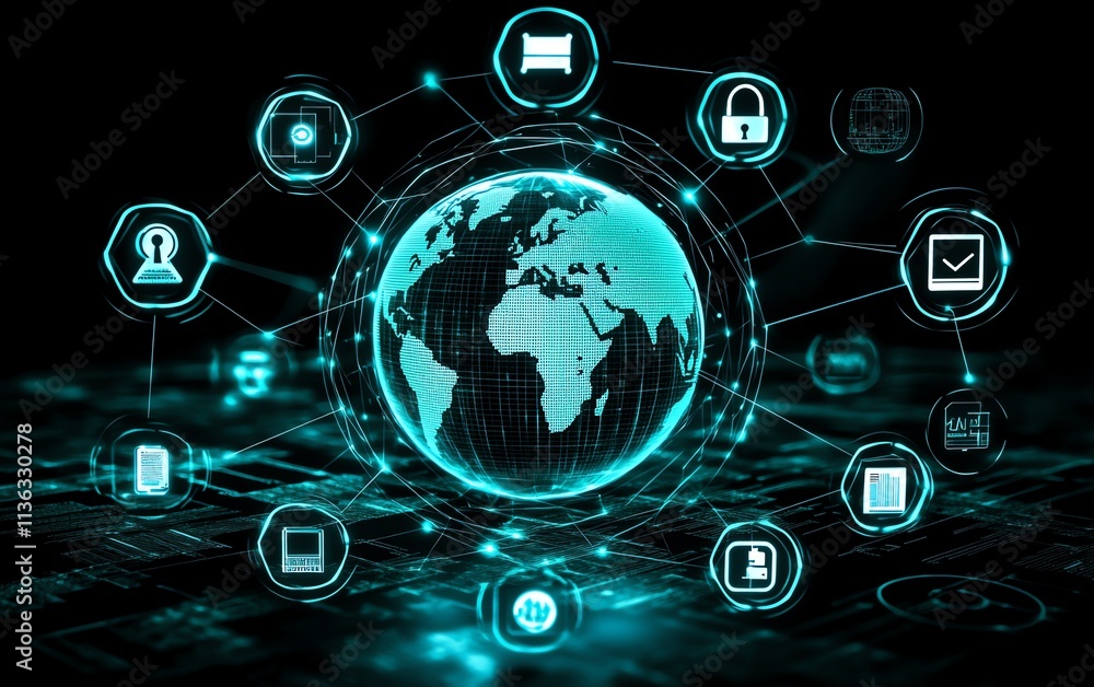Poster 3d digital globe surrounded by cybersecurity icons, blockchain symbols, and data encryption elements