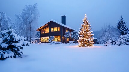 Inviting house in a snowy landscape with a chimney and a sparkling festive Christmas tree glowing inside