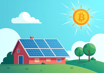 Naklejka premium solar panels reduce bitcoin energy consumption design featuring sun icon colorful vector illustration blue white background