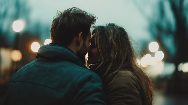 A romantic couple shares a tender moment, leaning in for a kiss amidst soft, atmospheric outdoor evening lighting that evokes feelings of love and connection.