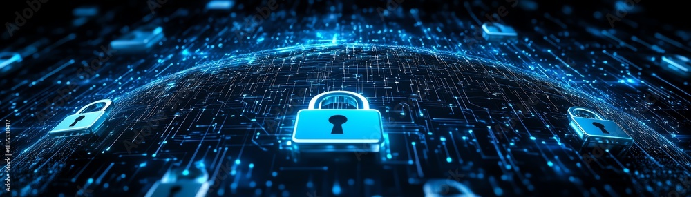 Poster 3d digital globe with cybersecurity locks, blockchain symbols, and secure data lines, representing g
