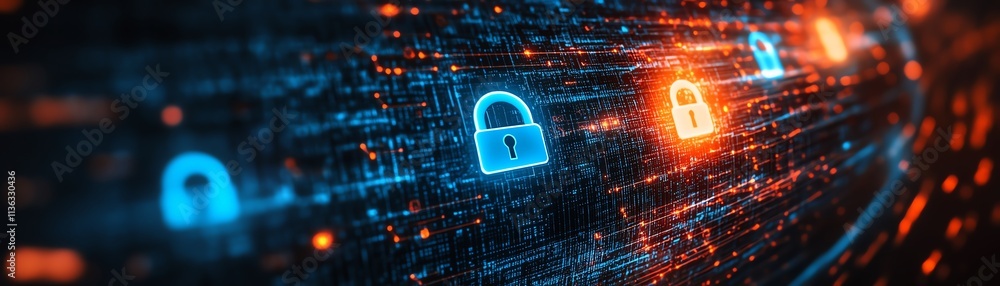 Poster 3d digital globe with cybersecurity locks, blockchain symbols, and secure data lines, representing g