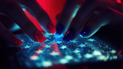 Close-up of polished nails tapping on a tablet displaying an American corporate logo, reflecting blue and red hues