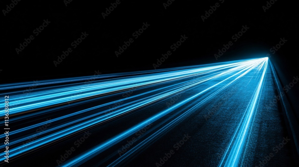 Poster crisp blue light streaks intersecting dynamically on blank black background